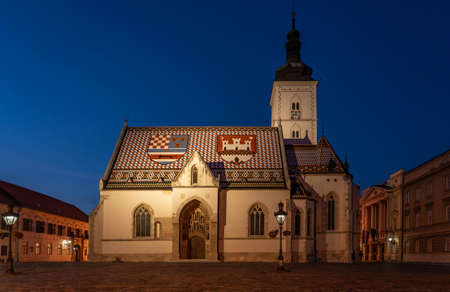 Zagreb, Croatia - Aug 9, 2020: St. Mark church at night in old town centerのeditorial素材