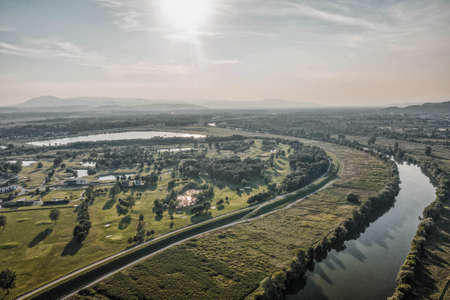 Aerial drone shot of Sava river near Jarun lake in southeast Zagreb in Croatiaの写真素材