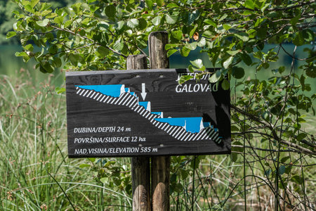 Plitvice, Croatia - Aug 11, 2020: Sign of lake inside Plitvice lake in summerのeditorial素材
