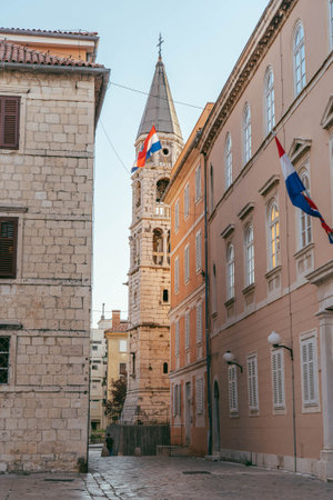 Zadar, Croatia - Aug 13, 2020: Street view of bell tower of St. Donatus church in town centerのeditorial素材