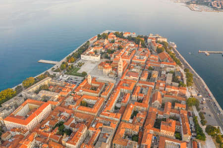 Aerial drone shot of Zadar old town square in sunrise hour in Croatia Dalmatia areaの写真素材