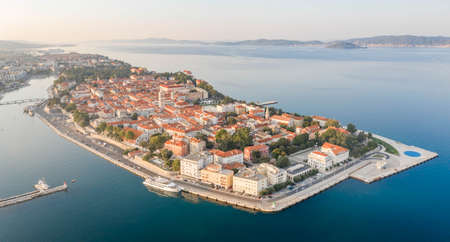Aerial panoramic drone shot of Zadar old town peninsula in sunrise in Croatia Dalmatiaの写真素材