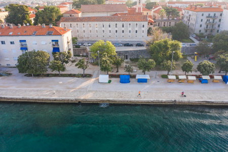 Aerial drone shot of coastline of Zadar Peninsula in sunrise hour in Croatia Dalmatiaの写真素材