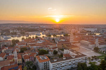 Aerial drone shot of Zadar old town during sunrise hour in Croatia Dalmatia areaの写真素材