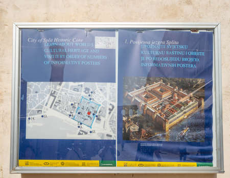 Split, Croatia - Aug 14, 2020: Map and illustration of original Diocletians Palace in split old townのeditorial素材