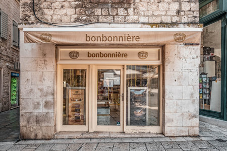 Split, Croatia - Aug 14, 2020: Facade of candy store bonbonniere in city centerのeditorial素材