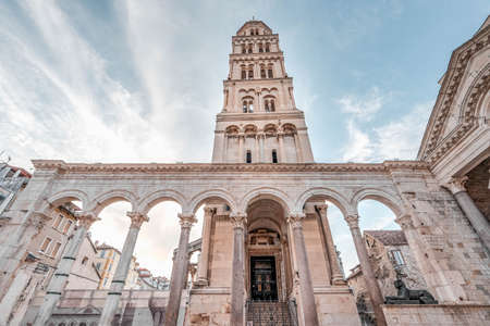 Split, Croatia - Aug 15, 2020: Upward view of Bell tower of Cathedral of St. Domnius in Diocletians Palaceのeditorial素材