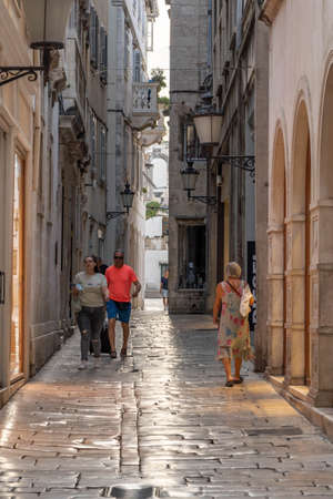 Split, Croatia - Aug 15, 2020: Street view with few tourists in old town in early morningのeditorial素材