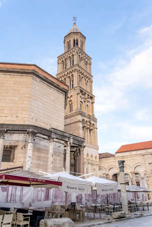 Split, Croatia - Aug 15, 2020: Upward view of Bell tower of Cathedral of St. Domnius in Diocletians Palaceのeditorial素材