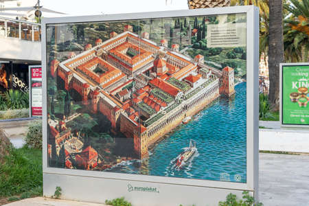Split, Croatia - Aug 15, 2020: Illustration of Diocletian Palace original look on esplanade marina by coeanのeditorial素材
