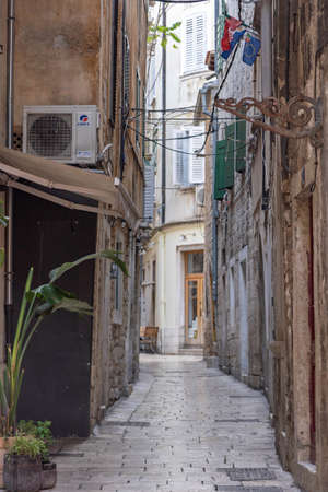 Split, Croatia - Aug 15, 2020: Street empty view with no tourists in old town in early morningのeditorial素材