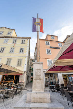 Split, Croatia - Aug 14, 2020: Coat of arm stone written in latin Happy is the palace of Split so long Salona is quietのeditorial素材