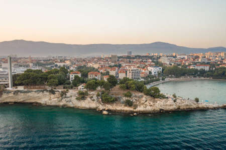 Split, Croatia - Aug 13, 2020: Aerial drone shot of Park Pomoraca in sunset hourのeditorial素材