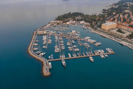 Aerial drone shot of Diocletian Palace by port riva in Split old town before sunrise in early morning in Croatiaの写真素材