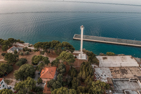 Aerial drone shot of park pomoraca in early morning before sunrise in Split Croatiaの写真素材