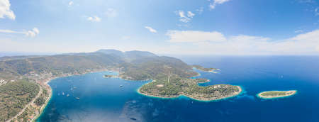 Aerial panoramic drone shot of Vis Island coastline in Adriatic sea in Croatia summerの写真素材