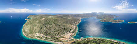 Aerial 360 panoramic photo of Vis Island east side in Adriatic sea in Croatis summerの写真素材