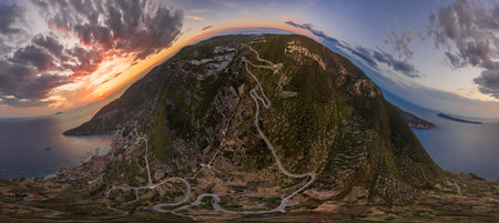 Aerial 360 sphere photo of Komiza sunset over Adriatic sea in Komiza port on Vis Island in summer