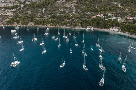 Aerial view of yachts in Adriatic sea near Komiza town on Vis Island