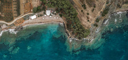 Aerial view of Adriatic coastline in Komiza town on Vis Island in Croatiaの写真素材