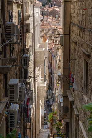 Narrow stone stairway to centeral Dubrovnik city in Croatia summerのeditorial素材