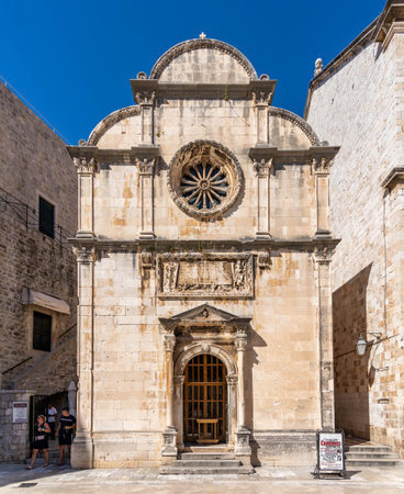 Dubrovnik, Croatia - Aug 20, 2020: Front facade of St. Saviour Church in old townのeditorial素材