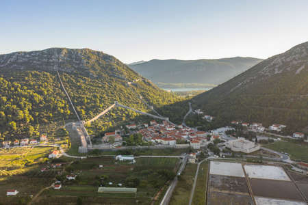 Aerial drone shot of Ston with Salt Pan in Ragusa near Dubrovnik in Croatia Summer morning sunriseの写真素材