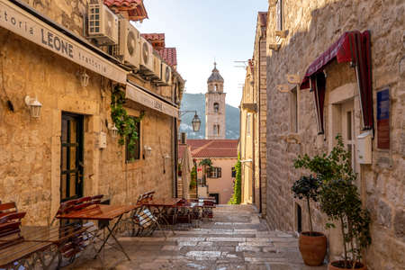Dubrovnik, Croatia - Aug 22, 2020: Bell tower of Dominican Monastery view from old town street in summer morningのeditorial素材