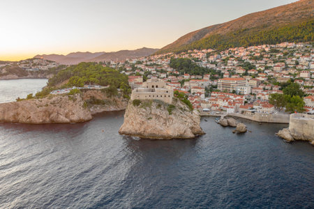 Aerial drone shot of Fort Lovrijenac near West Harbour outside Dubrovnik old town in Croatia summer...