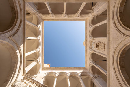 Dubrovnik, Croatia - Aug 22, 2020: Upward view of atrium inside Rectors Palace in old townのeditorial素材
