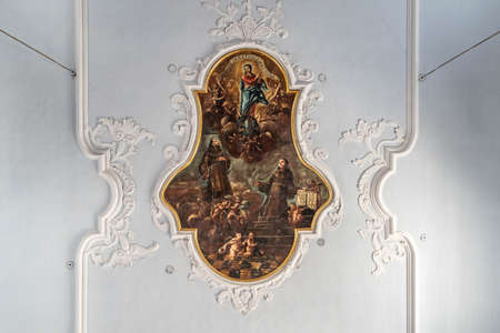 Dubrovnik, Croatia - Aug 23, 2020: Ceiling paiting with embellishement in Franciscan churchのeditorial素材