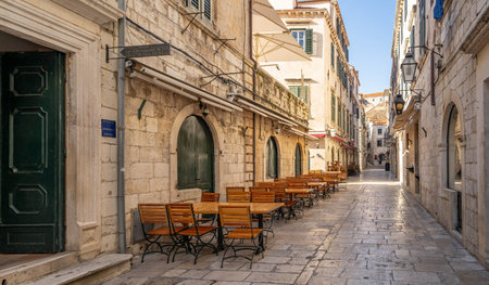 Dubrovnik, Croatia - Aug 23, 2020: Empty street in old town in summer morningのeditorial素材