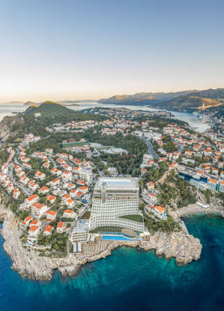 Dubrovnik, Croatia - Aug 22, 2020: Aerial drone shot of Rixos Premium resort hotel empty in summer before sunriseのeditorial素材