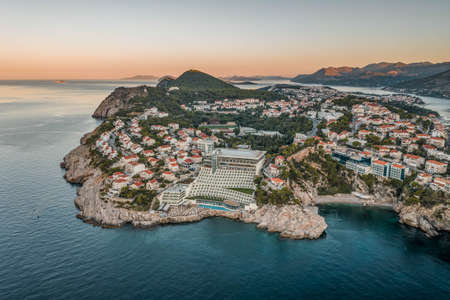 Aerial drone shot of Dubrovnik Lapad penisula hotel area before sunrise in Croatia morningの写真素材