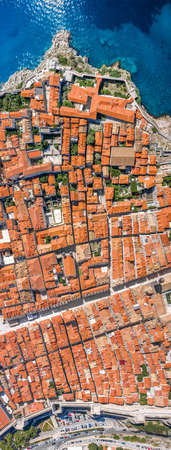 Aerial overhead drone shot of Dubrovnik old town pano with Adriatic sea port in Croatia summerの写真素材