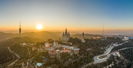 Barcelona, Spain - Feb 24, 2020: Panoramic aerial view of Tibidabo during sunsetのeditorial素材