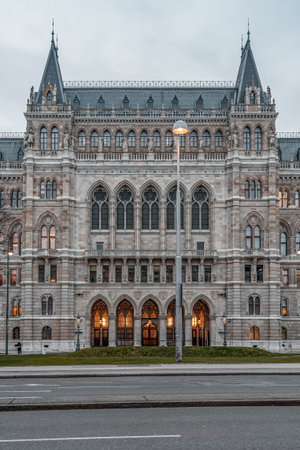 Vienna, Austria - Feb 7, 2020: Facade of cityhall entrance in winter morningのeditorial素材