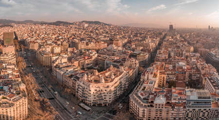 Barcelona, Spain - Feb 25, 2020: Pano aerial drone shot of barcelona city center during sunriseのeditorial素材