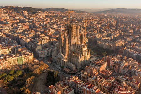Barcelona, Spain - Feb 25, 2020: Aerial drone shot of Barcelona city center in Sunrise golden hour during Spain winterのeditorial素材