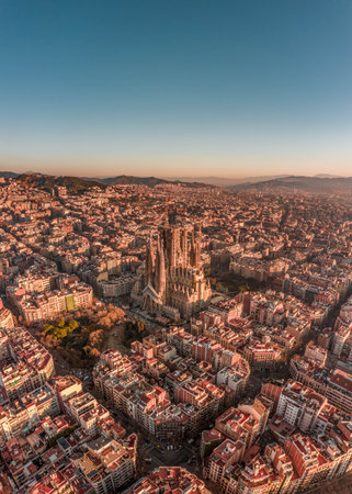 Barcelona, Spain - Feb 25, 2020: Aerial drone shot of Barcelona city center in Sunrise golden hour during Spain winterのeditorial素材