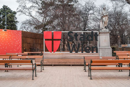 Vienna, Austria - Feb 7, 2020: Sign of Stadt Wien city of Vienna with coat of arm outside cityhall in winter morningのeditorial素材