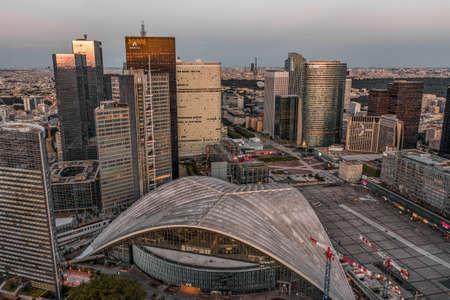 Paris, France - Jun 20, 2020: Aerial drone shot of La Defense skyscrapers post pandemic lockdown after sunset at duskのeditorial素材