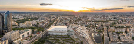 Paris, France - Jun 20, 2020: Panoramic aerial shot of skyscrapers post pandemic lockdown in La Defense in sunsetのeditorial素材