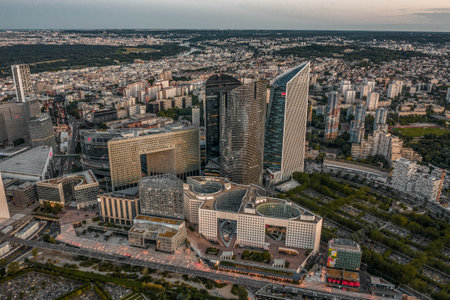 Paris, France - Jun 20, 2020: Aerial drone shot of La Defense skyscrapers post pandemic lockdown after sunset at duskのeditorial素材