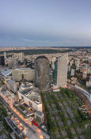 Paris, France - Jun 18, 2020: Aerial drone shot of Cemetry Skyscrapers in La Defense post pandemic lockdownのeditorial素材