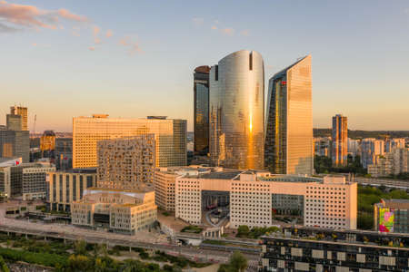 Paris, France - Jun 20, 2020: Aerial view of skyscrapers in La Defense post lockdown during sunsetのeditorial素材