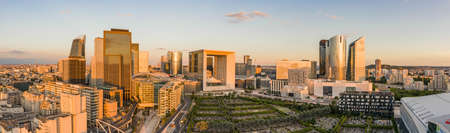 Paris, France - Jun 20, 2020: Panoramic aerial shot of skyscrapers post pandemic lockdown in La Defense in sunsetのeditorial素材