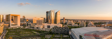 Paris, France - Jun 20, 2020: Panoramic aerial shot of skyscrapers post lockdown in La Defense in...