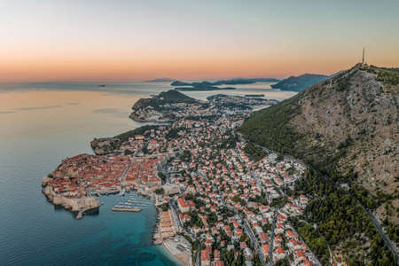 Aerial drone shot of Dubrovnik with view of Mountain Srd in Croatia summer morning before sunriseの写真素材