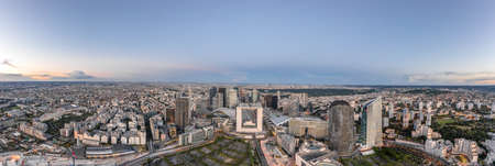 Paris, France - Jun 18, 2020: Aerial drone shot of Skyscrapers in La Defense post pandemic lockdown in sunsetのeditorial素材